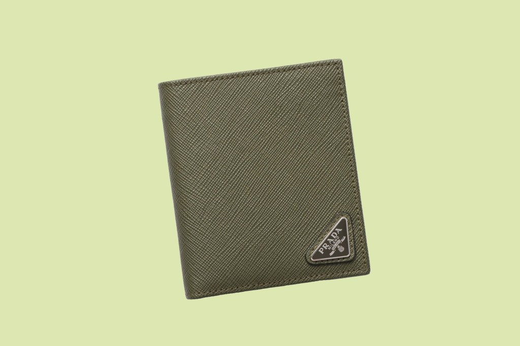 A green wallet with a logo